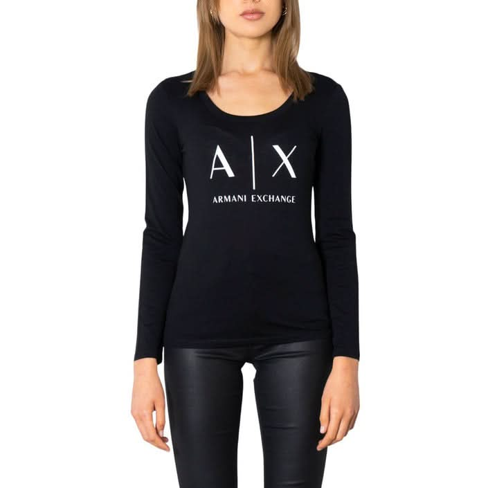 Armani Exchange Women's Black T-shirt for Fall/Winter 2024 – Effortlessly chic with long sleeves and a round neck, made from soft 100% cotton.