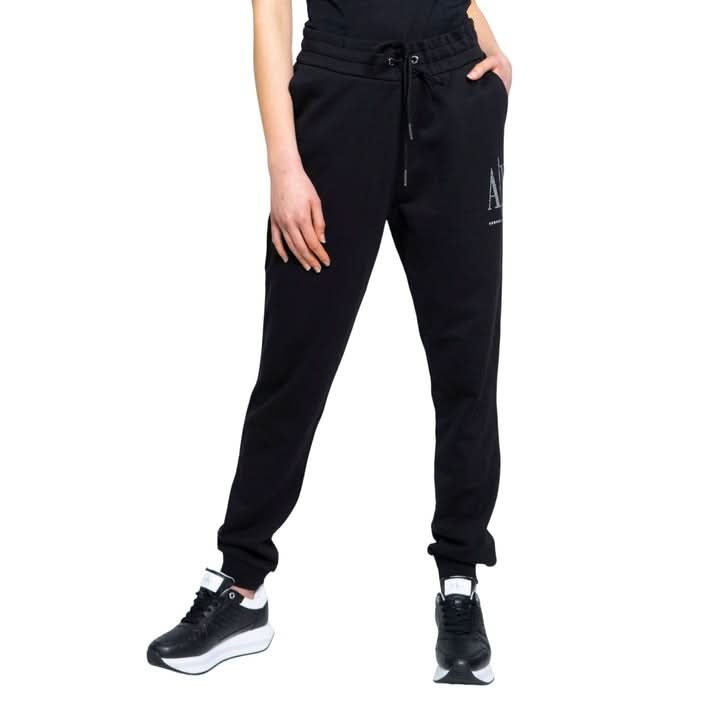 Armani Exchange Women's Black Trousers – Chic, printed design with front pockets and lace-up fastening. Perfect for a sophisticated Spring/Summer look."

