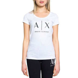 Chic and stylish, the Armani Exchange Women's Black T-Shirt with print is crafted from 100% cotton, offering a trendy yet comfortable look for Spring/Summer.