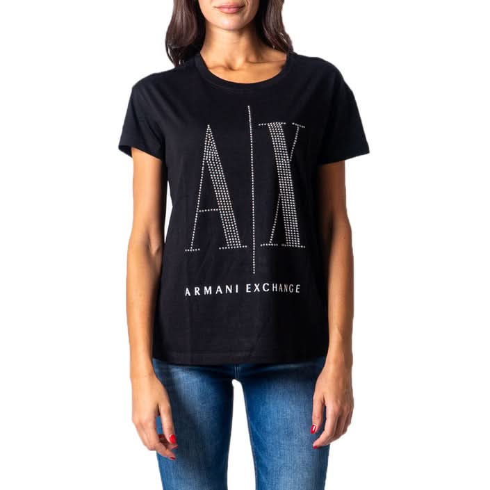 Stylish Armani Exchange Women's Black T-Shirt with a trendy print, made from 100% cotton, perfect for Spring/Summer.