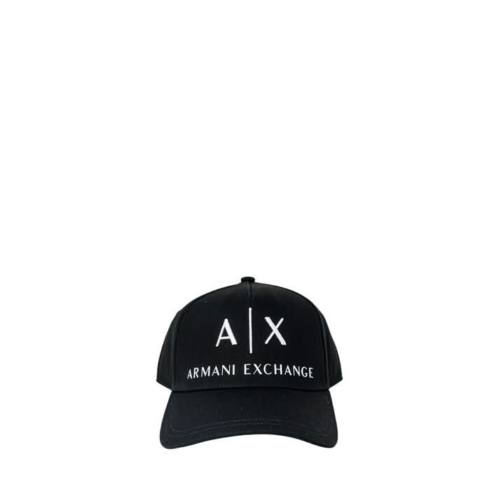 Armani Exchange Black Cap with modern print and premium materials including acrylic and wool. Perfect for a high-end sporty style."