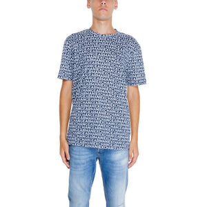 Armani Exchange blue printed t-shirt for men, featuring high-end cotton fabric and a stylish minimalistic design. Ideal for understated luxury fashion.