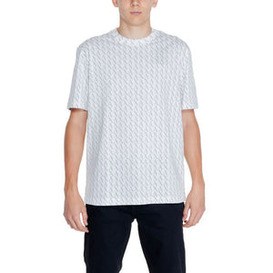 Men’s white printed T-shirt by Armani Exchange, crafted from 100% cotton, offering comfort and style for the cooler seasons.