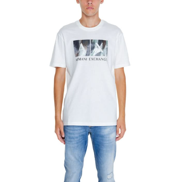 Armani Exchange white printed t-shirt for men, crafted from 100% cotton with bold design, ideal for luxury streetwear and fashion-forward looks.