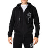 Armani Exchange black zip-up sweatshirt with print, designed for men’s fitness, featuring a hood and long sleeves.