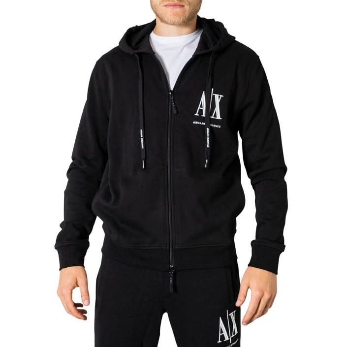 Armani Exchange black zip-up sweatshirt with print, designed for men’s fitness, featuring a hood and long sleeves.