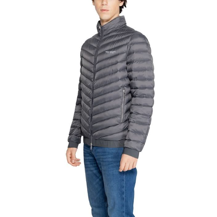 Armani Exchange Grey Jacket for Fall/Winter, featuring a turtleneck and zip closure. Perfect for Harvard and Yale students, made from easy-care 100% polyester."