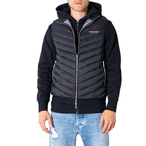 Armani Exchange Black City Jacket: Sleek black sleeveless jacket for men, perfect for metropolitan fashion. Features zip fastening and side pockets for a modern look.