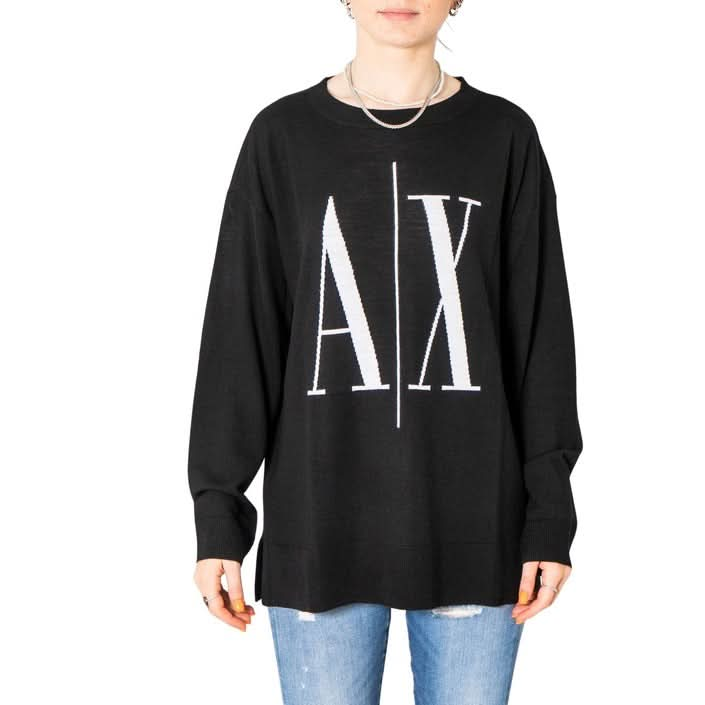 Armani Exchange Women’s Black Sweater for Winter 2024. Chic print, round neckline, and long sleeves in luxurious 100% wool. Perfect for stylish winter layering. Available at Poshbro.