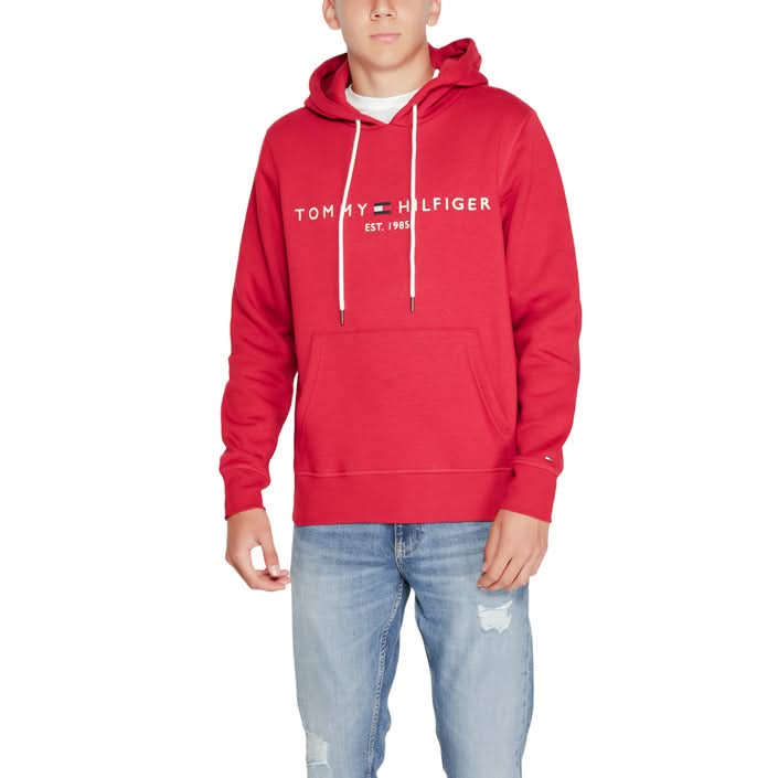 Tommy Hilfiger Men’s Red Printed Sweatshirt with hooded collar and front pockets.