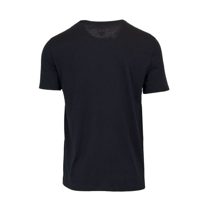 Close-up of Armani Exchange men's black T-shirt with a chic print. Crafted from 100% cotton, embodying high-end T-shirt luxury and sustainable fashion trends