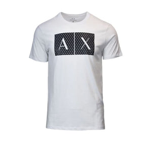 Armani Exchange white printed T-shirt for men, made from 100% cotton, showcasing premium quality and sustainable fashion.