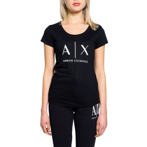 Armani Exchange Women's Black T-Shirt with bold print, 100% cotton, round neck, and short sleeves – a chic and comfortable choice for Spring/Summer.