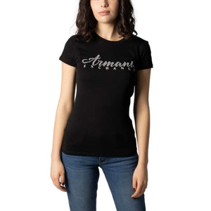 Chic Armani Exchange black T-shirt for women, featuring a stylish print and round neckline. Perfect for adding a touch of luxury to any outfit."