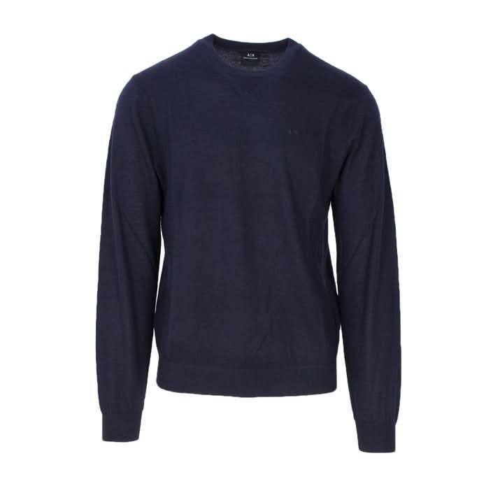 Armani Exchange blue variant knit sweater – combining wool and polyester for ultimate comfort and style, with a round neck and long sleeves for seasonal elegance