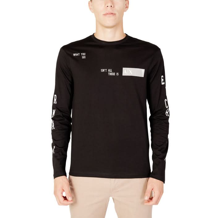 Armani Exchange Black Printed T-shirt for men with round neck and long sleeves, crafted from 100% cotton.