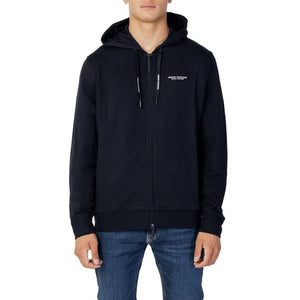 Armani Exchange black zip-up hoodie for men, made from 97% cotton and 3% elastane, perfect for Fall/Winter.