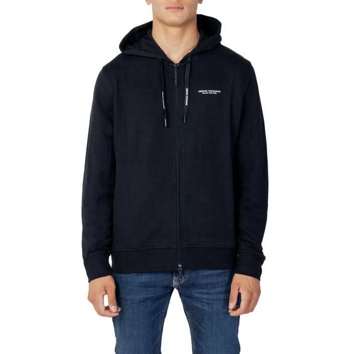 Armani Exchange black zip-up hoodie for men, made from 97% cotton and 3% elastane, perfect for Fall/Winter.