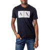 Armani Exchange blue printed T-shirt for men, featuring short sleeves, a round neck, and premium 100% cotton fabric for sophisticated casual wear and luxury streetwear.