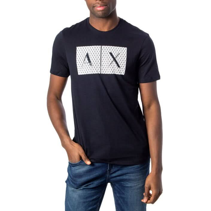 Armani Exchange blue printed T-shirt for men, featuring short sleeves, a round neck, and premium 100% cotton fabric for sophisticated casual wear and luxury streetwear.