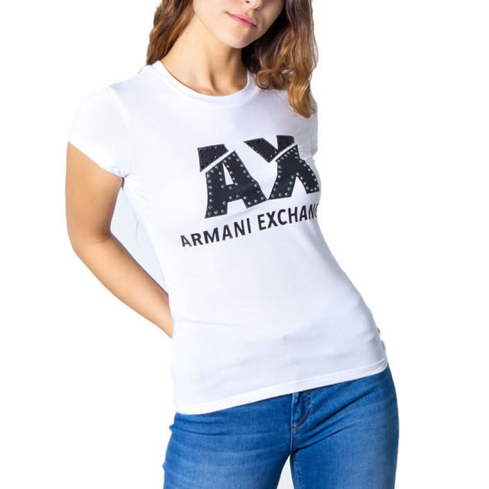 Stylish Armani Exchange Women's White T-Shirt with print, designed in 92% cotton and 8% elastane. Perfect for adding a chic touch to your Spring/Summer wardrobe."