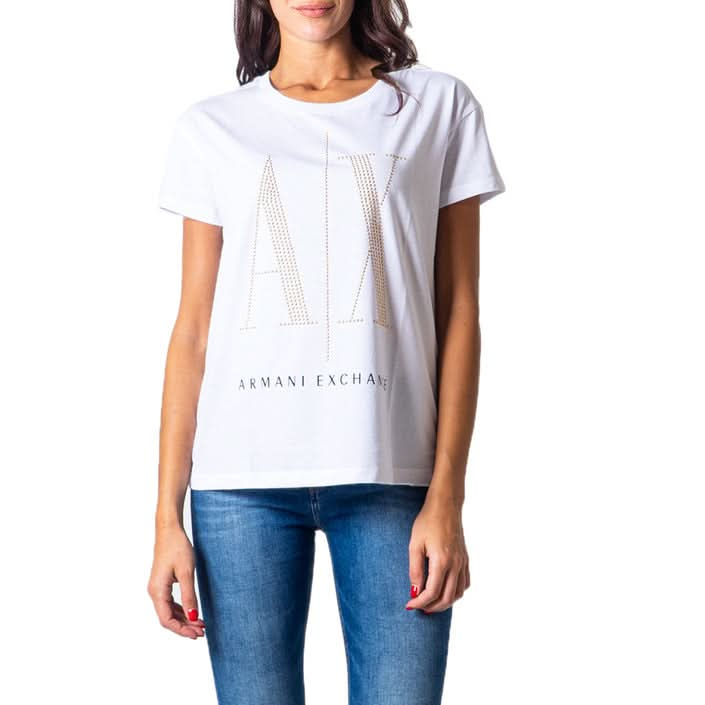 Chic Armani Exchange Women's Black T-Shirt with bold print, designed in 100% cotton for a fashionable and fresh Spring/Summer wardrobe staple.