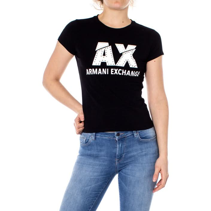 Step up your style game with the Armani Exchange Women's black T-Shirt. Featuring a sleek print and crafted from a soft cotton-elastane blend for effortless chic."