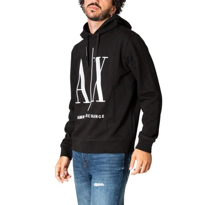 Men's Armani Exchange sweatshirt in black with a stylish print, featuring a comfortable hood and slip-on fit for effortless fashion.