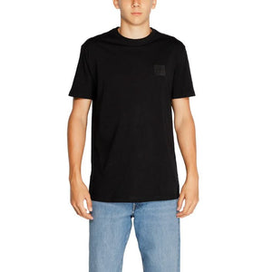 Armani Exchange black T-shirt for men, featuring a plain design, round neck, and short sleeves, made from 100% cotton.