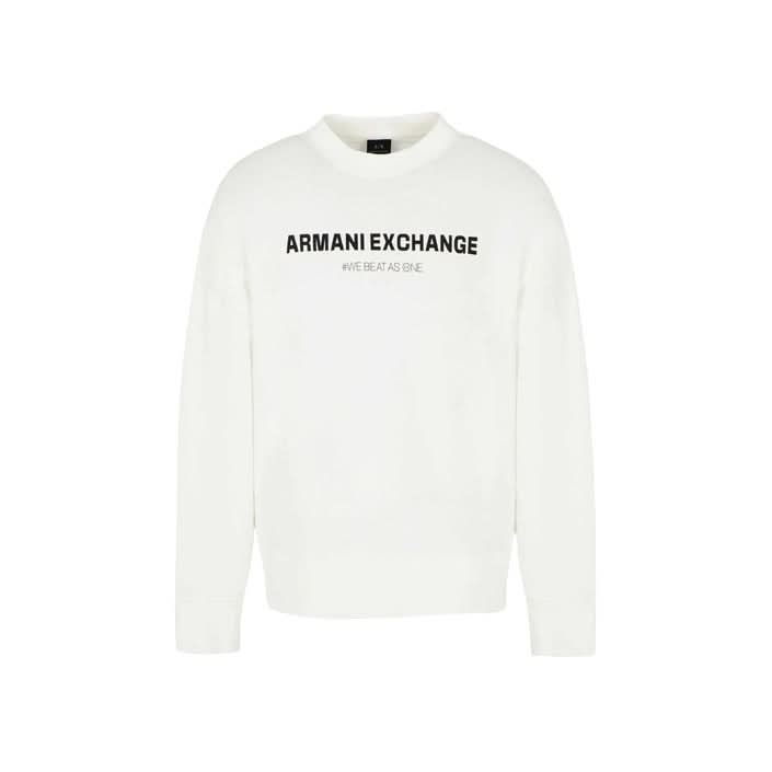 Armani Exchange men's white print sweatshirt with round neck and slip-on style—ideal for ambitious Fall/Winter fashion.