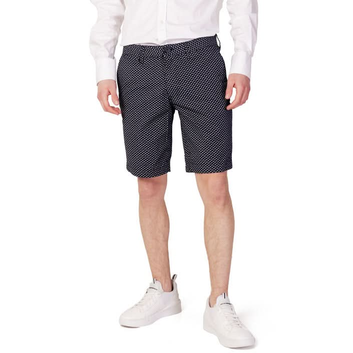 Armani Exchange men's blue geometric shorts with zip and button fastening, perfect for a bold and trendy Spring/Summer look.