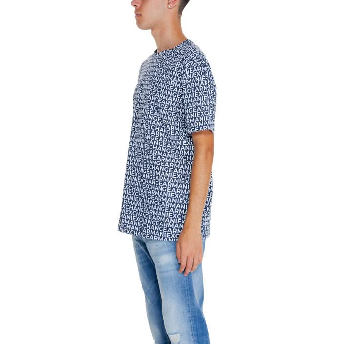 Men's Armani Exchange blue t-shirt with a refined print, short sleeves, and round neck, showcasing high-quality t-shirt craftsmanship and luxury.