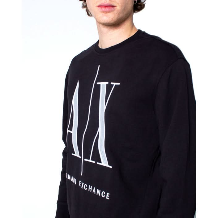 Armani Exchange casual black sweatshirt with a bold print, ideal for Spring/Summer, featuring a round neck and long sleeves for a sleek look.