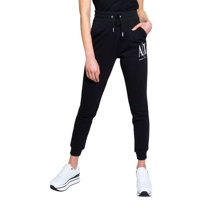 Step into effortless elegance with these Armani Exchange black trousers. Crafted from 100% cotton, these chic trousers feature a trendy print, front pockets, and a lace-up fastening, perfect for a polished look this Spring/Summer. A must-have for any fashion-forward woman."

