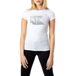 Stylish white t-shirt from Armani Exchange for women, featuring a chic print and comfortable 100% cotton fabric, perfect for a fresh Spring/Summer look."
