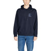 Armani Exchange men's blue sweatshirt featuring a hooded collar, long sleeves, and front pockets, perfect for stylish Fall/Winter outfits.