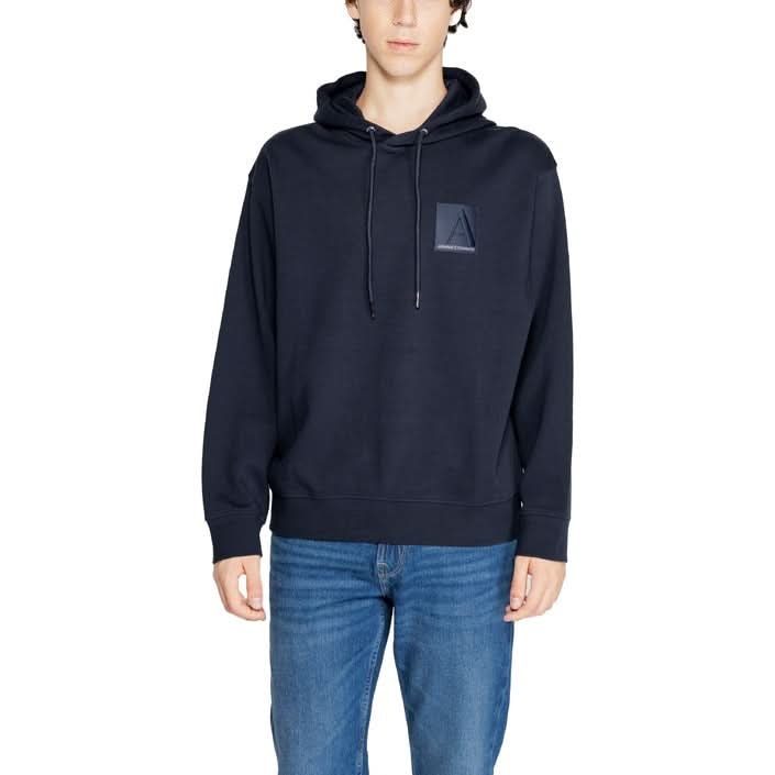 Armani Exchange men's blue sweatshirt featuring a hooded collar, long sleeves, and front pockets, perfect for stylish Fall/Winter outfits.