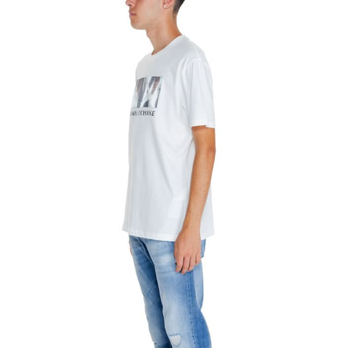 Men's white Armani Exchange t-shirt with a striking print, short sleeves, and round neck, showcasing Italian luxury fashion and t-shirt craftsmanship.
