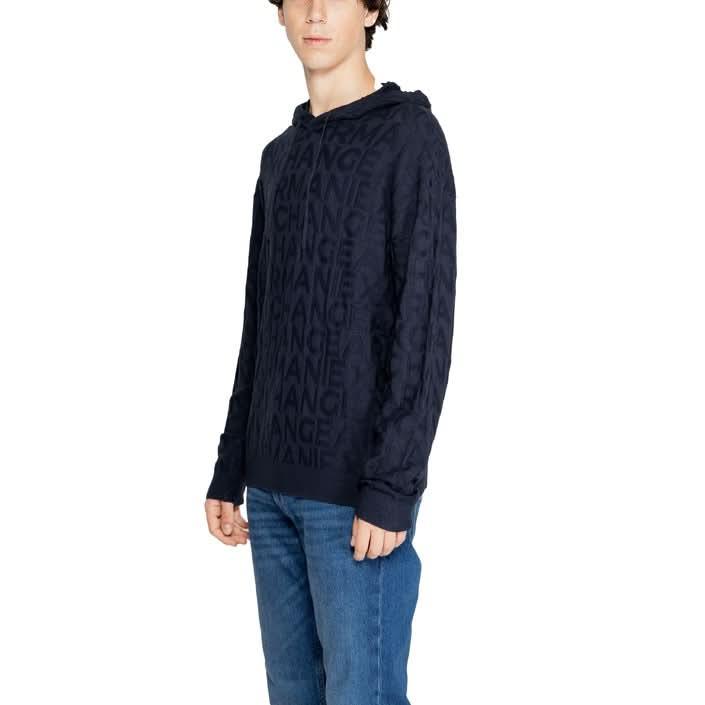 Effortless style: Armani Exchange blue knitwear with a plain pattern and cozy hood.