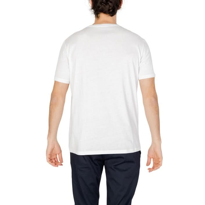 The backside of the Armani Exchange White Plain T-shirt for men, featuring a round neck and short sleeves, made from 100% cotton.