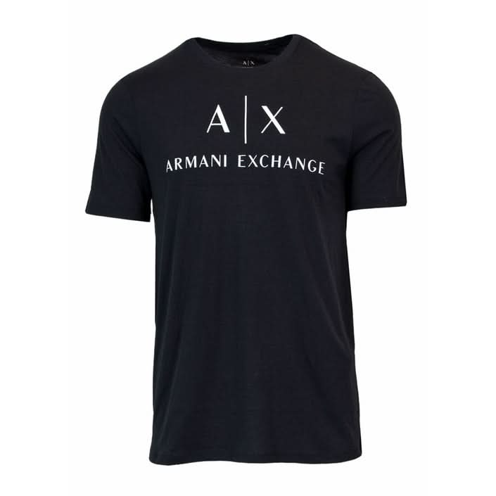 Armani Exchange men's black T-shirt featuring a stylish print. Premium quality, high-end cotton fabric for sustainable luxury and versatile wardrobe pieces