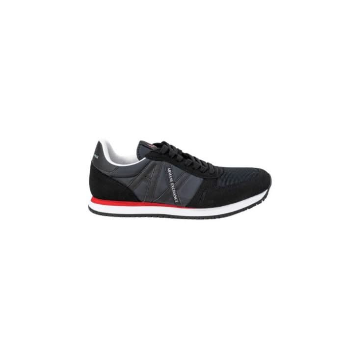 Armani Exchange men’s black sneakers, sporty slip-on design with lace-up details, stylish and comfortable footwear for a modern look.