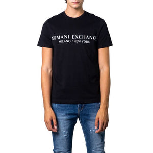 Armani Exchange black printed T-shirt for men, featuring short sleeves, a round neck, and a bold design, crafted from 100% cotton for premium Fall/Winter wear.