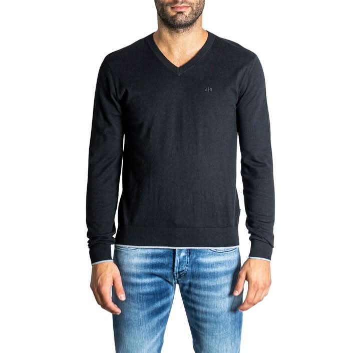 Armani Exchange men’s black knitwear – refined V-neck design with a warm cashmere-cotton blend for autumn.