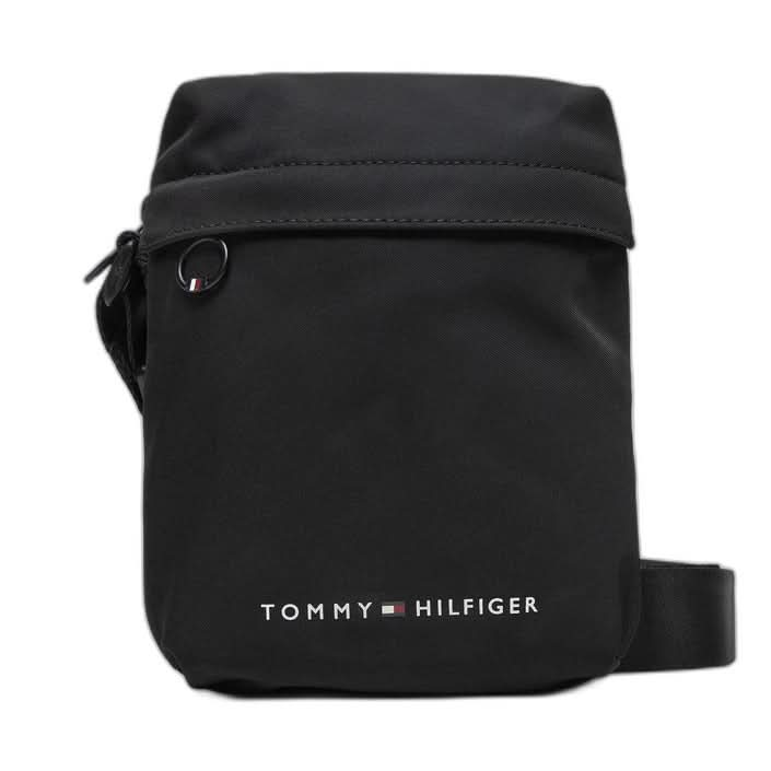 Tommy Hilfiger Men’s Black Printed Bag with zip fastening and pockets, made from polyester.