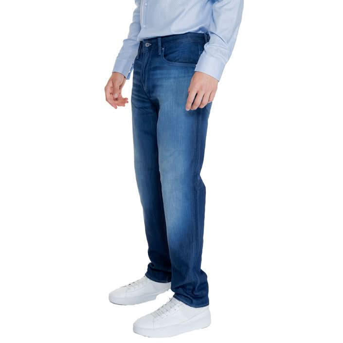 Men’s blue Armani Exchange trousers showcasing a modern worn-out effect, crafted from a blend of cotton, polyester, and elastane for ultimate comfort and style.