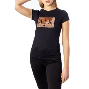 Chic black t-shirt from Armani Exchange for women, featuring a stylish print and crafted from 100% cotton, perfect for a sleek Spring/Summer look."