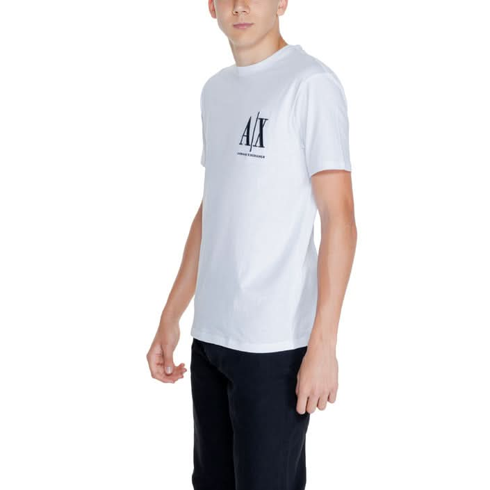 Classic white T-shirt by Armani Exchange, showcasing a simple yet elegant design with short sleeves and a round neck for Fall/Winter fashion.
