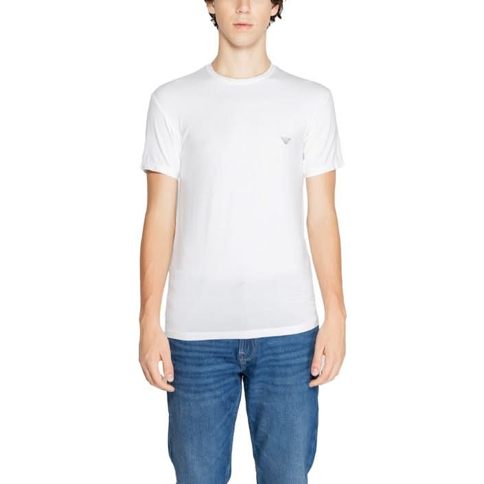 Close-up of Emporio Armani Men’s T-shirt in white, showcasing fabric and neckline.