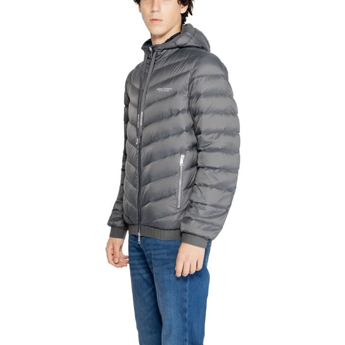 Effortlessly stylish Armani Exchange Grey Jacket for Fall/Winter. Features a hood, long sleeves, and front pockets, crafted from 100% polyester."